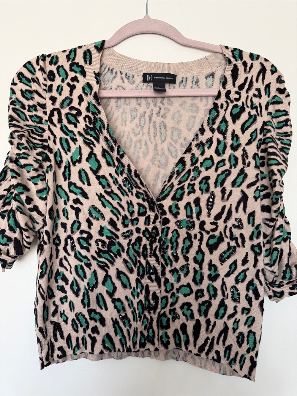 INC International Concepts Beige and Green Leopard Print Button-Front Top
